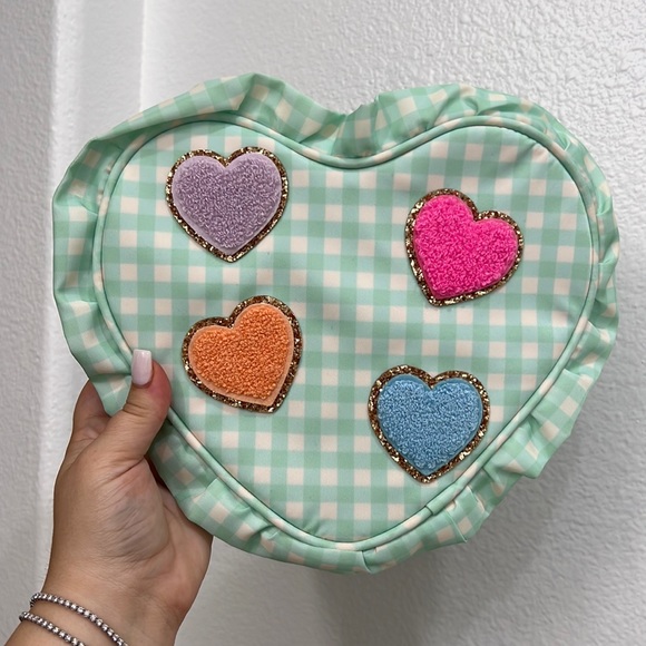 Stoney Clover Lane Handbags - NEW Stoney Clover Green Gingham Heart Pouch with Heart Patches